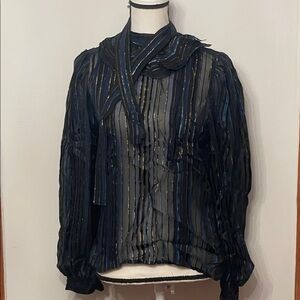 Vintage Elegant Sheer Striped Blouse with Wrap Scarf Collar
